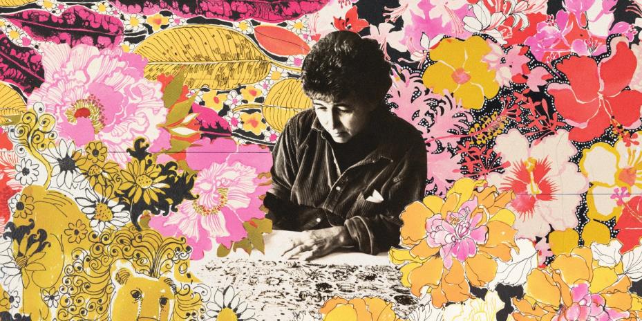 A collage of flowers and a person sitting at a table
