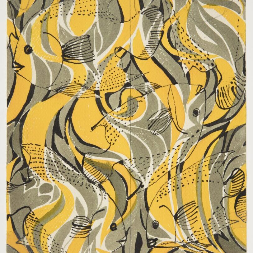 A yellow and gray abstract pattern with fish.