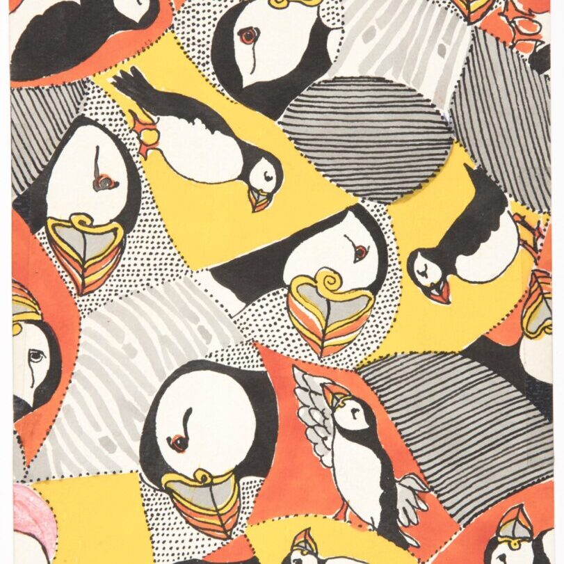 A close up of a pattern with many different penguins
