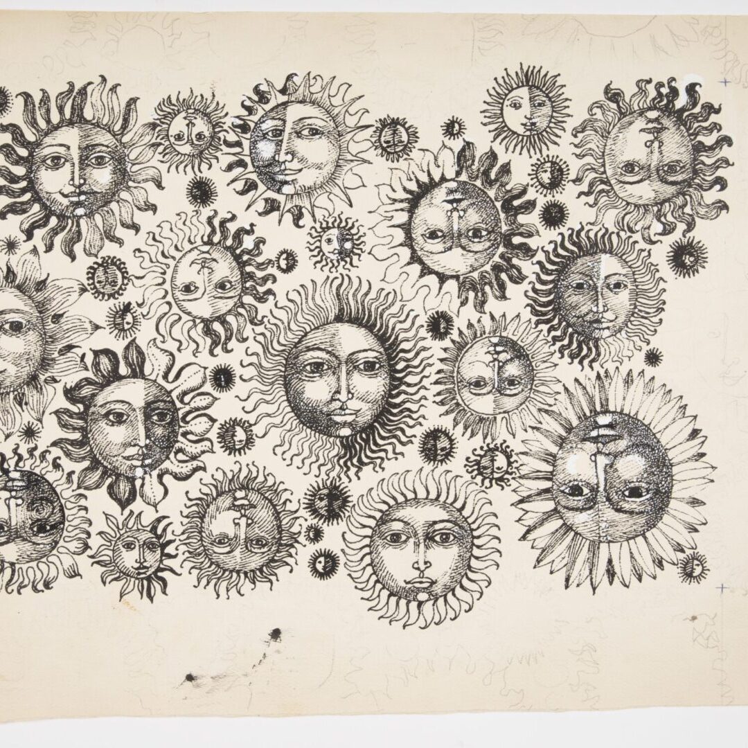 A drawing of many different faces and sun designs.