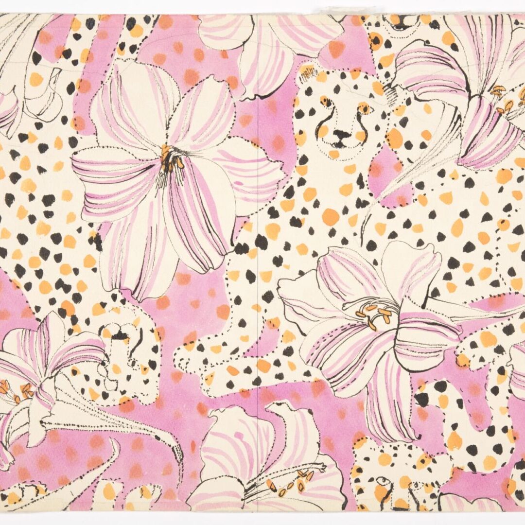 A pink and white floral pattern with dots.