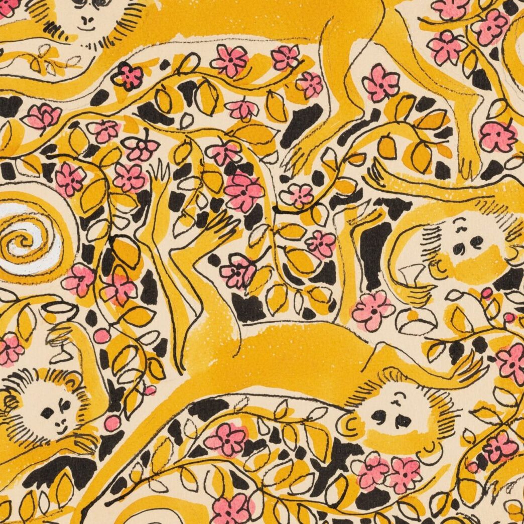 A yellow and black pattern with monkeys and flowers.
