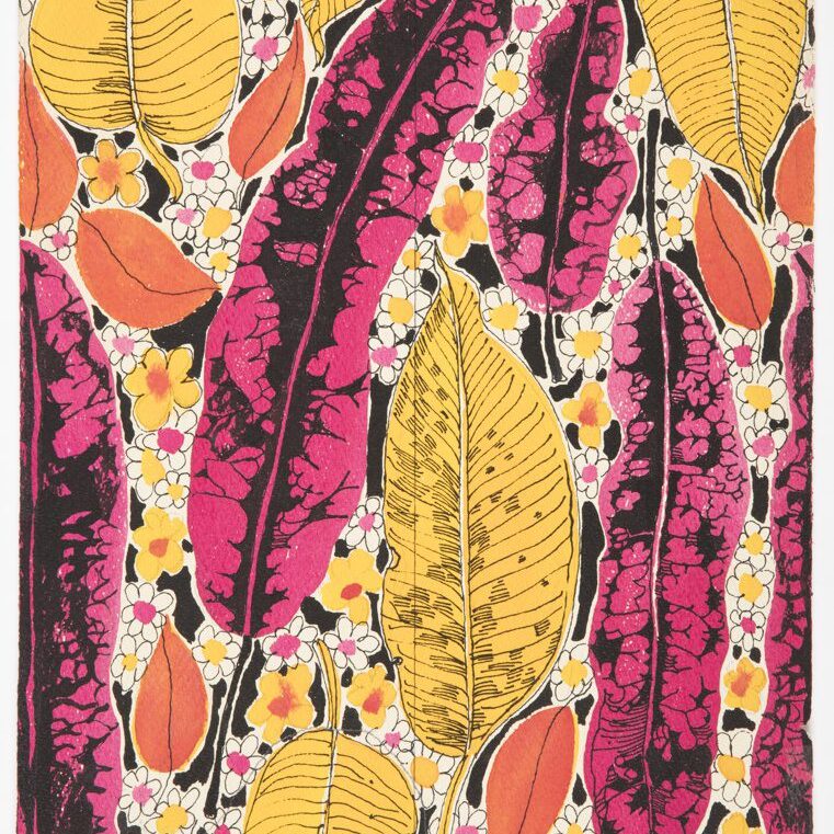 A colorful floral pattern with yellow and pink leaves.
